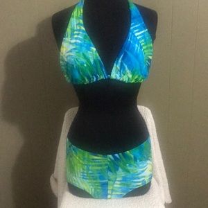 Yellow, blue, and green sunsets brand bikini